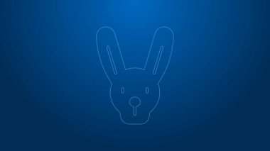 Mavi arka planda izole edilmiş kulaklı beyaz çizgi tavşanı. Sihir numarası. Gizemli eğlence konsepti. 4K Video hareketli grafik canlandırması