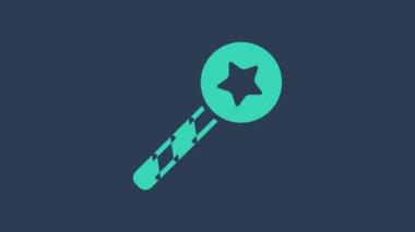 Mavi arka planda izole edilmiş turkuaz sihirli çubuk simgesi. Yıldız şeklinde sihirli aksesuar. Sihirli güç. 4K Video hareketli grafik canlandırması