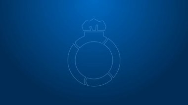 Beyaz çizgi üzerinde mavi arka planda izole edilmiş mücevher simgesi olan sihirli taştan bir yüzük. 4K Video hareketli grafik canlandırması