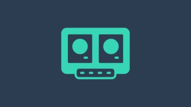 Mavi arkaplanda izole edilmiş müzik simgesini çalmak ve karıştırmak için turkuaz DJ kumandası. DJ karıştırıcı, vinil çalar ve uzaktan kumandayla tamamlandı. 4K Video hareketli grafik canlandırması