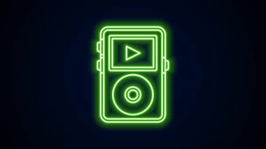 Parlayan neon hattı müzik çalar simgesi siyah arkaplanda izole edildi. Taşınabilir müzik cihazı. 4K Video hareketli grafik canlandırması