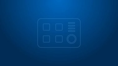 Beyaz çizgi Drum makinesi simgesi mavi arkaplanda izole edildi. Müzik aletleri. 4K Video hareketli grafik canlandırması