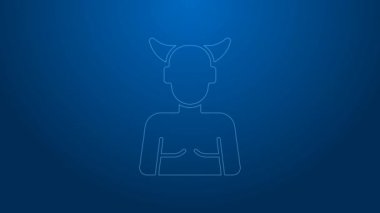 Beyaz çizgi Krampus, kahrolasıca simge mavi arka planda izole edilmiş. Boynuzlu şeytan. Geleneksel Noel şeytanı. Mutlu Cadılar Bayramı Partisi. 4K Video hareketli grafik canlandırması