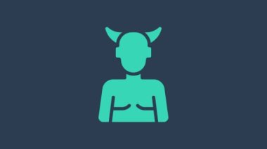 Turkuaz Krampus, mavi arka planda izole edilmiş lanet bir simge. Boynuzlu şeytan. Geleneksel Noel şeytanı. Mutlu Cadılar Bayramı Partisi. 4K Video hareketli grafik canlandırması