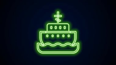 Parlayan neon hattı Nuh 'un Sandığı simgesi siyah arkaplanda izole edildi. Büyük ahşap kargo. 4K Video hareketli grafik canlandırması