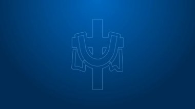 Beyaz çizgi Hıristiyan çapraz simgesi mavi arka planda izole edildi. Kilise haçı. 4K Video hareketli grafik canlandırması