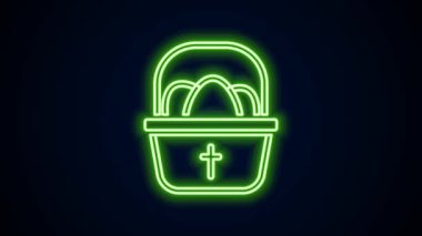 Siyah zemin üzerinde paskalya yumurtası simgesi olan parlak neon renkli sepet. Mutlu Paskalyalar. 4K Video hareketli grafik canlandırması