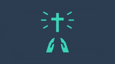 Turkuaz Eller dua pozisyonu ikonu mavi arkaplanda izole edildi. Tanrı 'ya inanç ve umutla dua edin. 4K Video hareketli grafik canlandırması