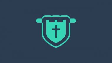 Mavi arka planda Hristiyan haçı simgesi olan turkuaz bayrak. 4K Video hareketli grafik canlandırması