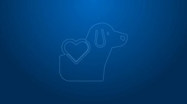 Mavi arka planda köpek ikonu olan beyaz çizgi kalp. Yüreğindeki evcil hayvan pençesi. Hayvanlara sevgiler. 4K Video hareketli grafik canlandırması