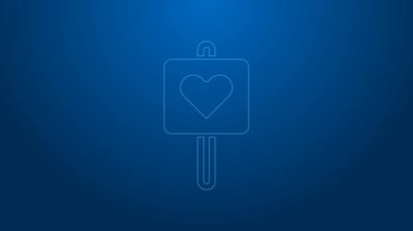 Mavi arkaplanda kalp simgesi olan beyaz çizgi haritası işaretçisi. Sevgililer Günü. Aşk yeri. Romantik harita iğnesi. 4K Video hareketli grafik canlandırması