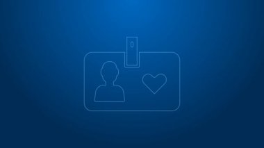 Beyaz çizgi kimlik kartı gönüllü simgesi mavi arka planda izole edildi. Gönüllü kimlik kartı ya da rozet. 4K Video hareketli grafik canlandırması