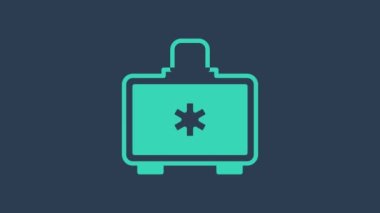 Turkuaz ilk yardım çantası simgesi mavi arkaplanda izole edildi. Haçlı sağlık kutusu. Acil durumlar için tıbbi ekipman. Sağlık sigortası konsepti. 4K Video hareketli grafik canlandırması