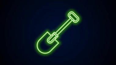 Parlayan neon hattı kürek simgesi siyah arkaplanda izole edildi. Bahçe aletleri. Bahçecilik, tarım, çiftçilik aleti. 4K Video hareketli grafik canlandırması