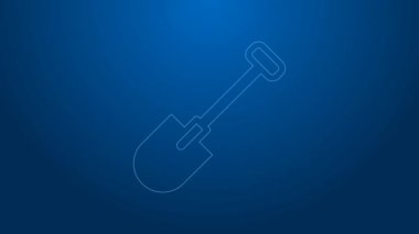 Mavi arkaplanda beyaz çizgi kürek simgesi izole edildi. Bahçe aletleri. Bahçecilik, tarım, çiftçilik aleti. 4K Video hareketli grafik canlandırması