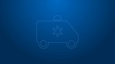 Beyaz hat ambulans ve acil durum arabası ikonu mavi arka planda izole edildi. Ambulans aracı tıbbi tahliye. 4K Video hareketli grafik canlandırması