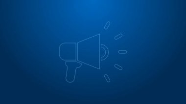 Mavi arka planda beyaz çizgi Megafon simgesi izole edildi. Sözcü işareti. 4K Video hareketli grafik canlandırması