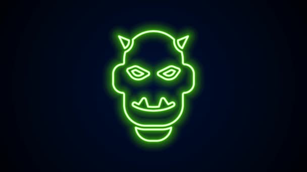 Светящаяся неоновая линия Маска дьявола с иконкой рогов, выделенной на черном фоне. Видеографическая анимация 4K — стоковое видео