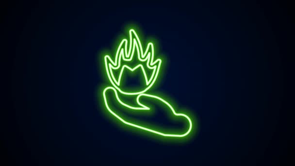 Glowing neon line Hand holding a fire icon isolated on black background. 4K Video motion graphic animation — Stock Video