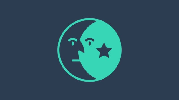 Бирюзовая икона Луны и звёзд выделена на синем фоне. Видеографическая анимация 4K — стоковое видео