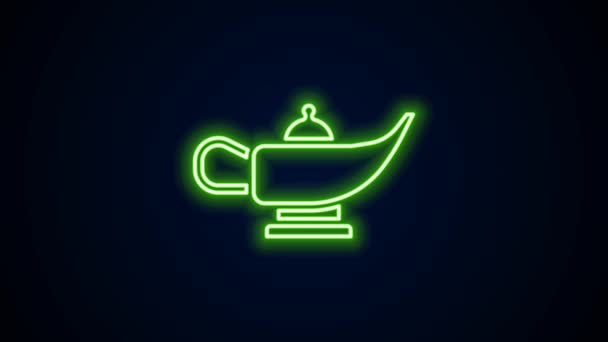 Leuchtende Neon-Linie Magic Lamp oder Aladdin Lamp Symbol isoliert auf schwarzem Hintergrund. Geistliche Lampe für Wunsch. 4K Video Motion Grafik Animation — Stockvideo