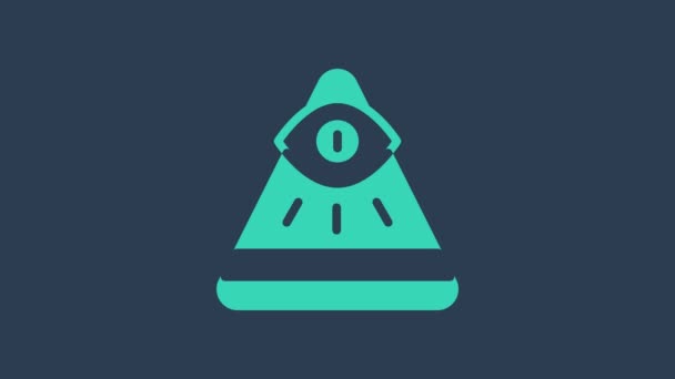 Turquesa Masones símbolo Ojo omnisciente de Dios icono aislado sobre fondo azul. El ojo de la Providencia en el triángulo. Animación gráfica de vídeo 4K — Vídeo de stock