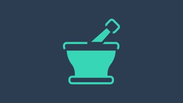 Turquoise Mortar and pestle icon isolated on blue background. 4K Video motion graphic animation — Stock Video