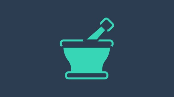 Turquoise Mortar and pestle icon isolated on blue background. 4K Video motion graphic animation