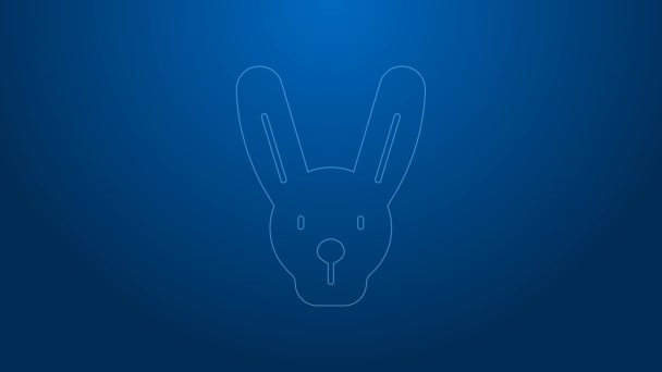 White line Rabbit with ears icon isolated on blue background. Magic trick. Mystery entertainment concept. 4K Video motion graphic animation — Stock Video