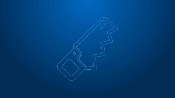 White line Hand saw icon isolated on blue background. 4K Video motion graphic animation — Stock Video