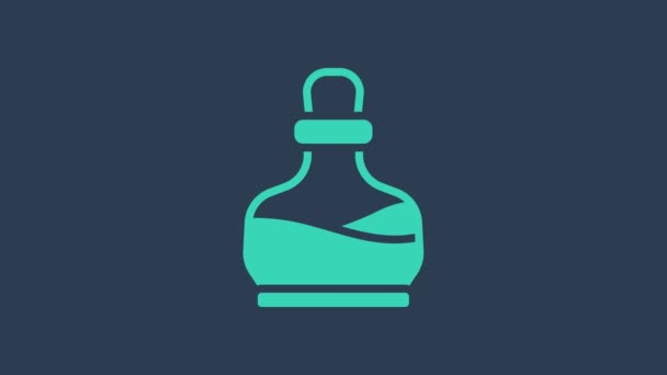 Bottiglia turchese con icona della pozione isolata su sfondo blu. Flask con pozione magica. Buona festa di Halloween. Animazione grafica 4K Video motion — Video Stock