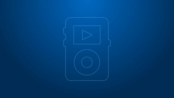 Linha branca Ícone do leitor de música isolado no fundo azul. Dispositivo de música portátil. Animação gráfica em movimento de vídeo 4K — Vídeo de Stock