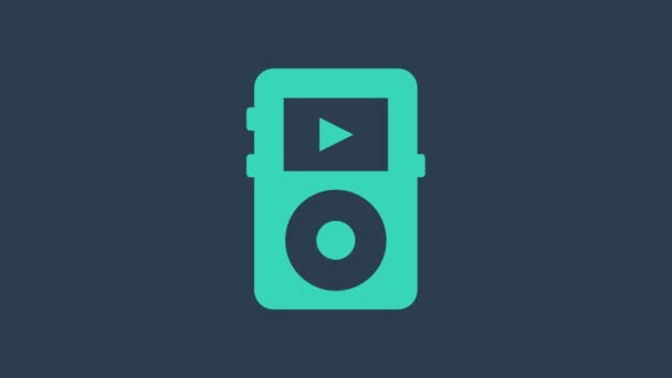 Ikona tyrkysového přehrávače hudby izolovaná na modrém pozadí. Přenosné hudební zařízení. Grafická animace pohybu videa 4K — Stock video