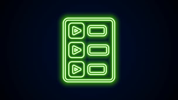 Gloeiende neon lijn Muziekafspeellijst pictogram geïsoleerd op zwarte achtergrond. 4K Video motion grafische animatie — Stockvideo