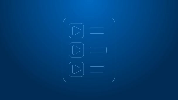 Biała linia Ikona odtwarzania muzyki odizolowana na niebieskim tle. 4K Animacja graficzna ruchu wideo — Wideo stockowe