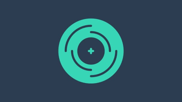 蓝色背景上孤立的绿松石乙烯基圆盘图标.4K视频运动图形动画 — 图库视频影像