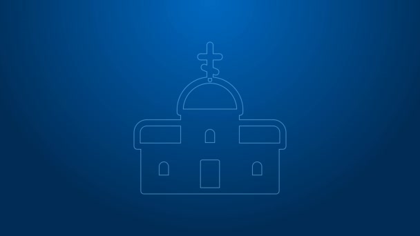 White line Church building icon isolated on blue background. Christian Church. Religion of church. 4K Video motion graphic animation — Stock Video