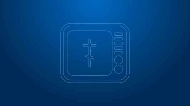 White line Online church pastor preaching video streaming icon isolated on blue background. Online church of Jesus Christ. 4K Video motion graphic animation — Stock Video