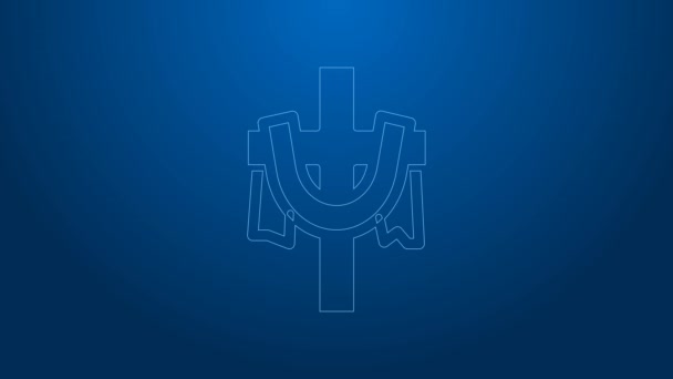 White line Christian cross icon isolated on blue background. Church cross. 4K Video motion graphic animation — Stock Video