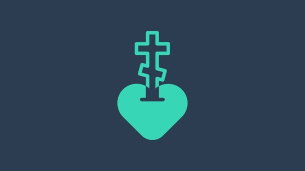 Бірюзовий релігійний хрест в серці, ізольований на синьому тлі. Божа любов, католицький і християнський символ. Люди моляться. 4K Відеографічна анімація — стокове відео