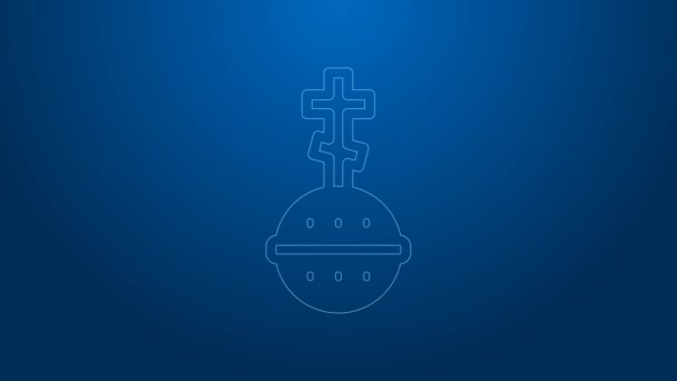 Икона христианского креста белой линии выделена на синем фоне. Церковный крест Видеографическая анимация 4K — стоковое видео