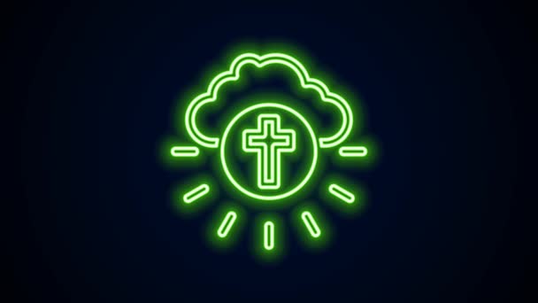 Ragyogó neon vonal Vallási kereszt a kör ikon elszigetelt fekete háttérrel. Isten szeretete, katolikus és keresztény szimbólum. Az emberek szeretetért és békéért imádkoznak. 4K Videó mozgás grafikus animáció — Stock videók