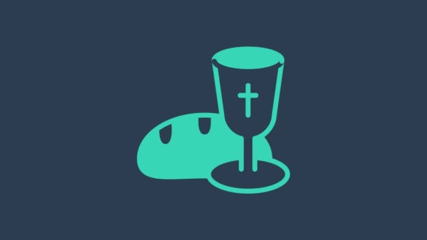 绿松石高脚杯和面包图标隔离在蓝色背景。面包和酒杯。神圣的圣餐标志4K视频运动图形动画 — 图库视频影像