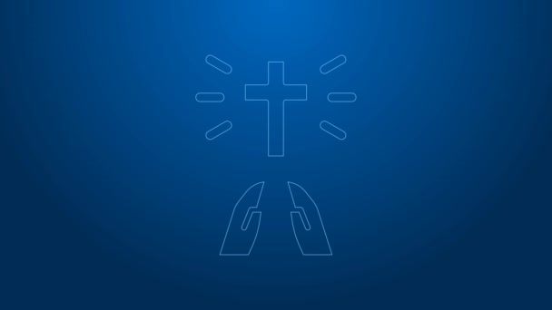 White line Hands in praying position icon isolated on blue background. Prayer to god with faith and hope. 4K Video motion graphic animation — Stock Video