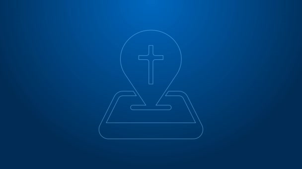 Vit linje Karta pin kyrka byggnad ikon isolerad på blå bakgrund. Kristna kyrkan. Kyrkans religion. 4K Video motion grafisk animation — Stockvideo