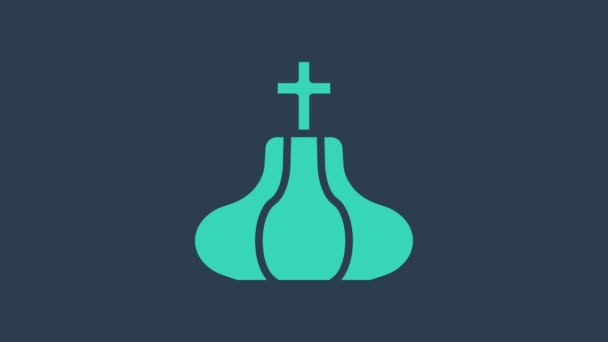 绿松石基督教教堂塔图标孤立在蓝色背景。教会的宗教。4K视频运动图形动画 — 图库视频影像