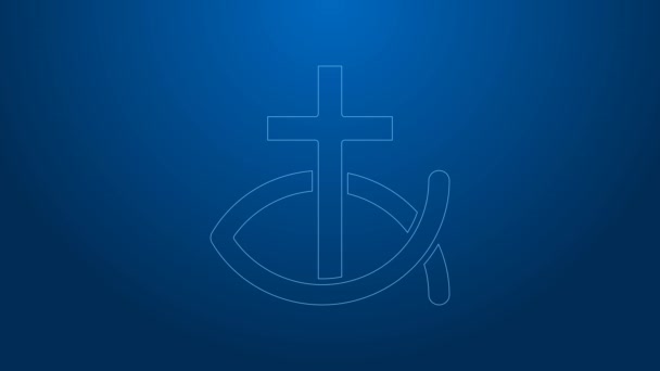 青い背景に隔離された白い線キリスト教の魚のシンボルアイコン。イエス魚のシンボル。4Kビデオモーショングラフィックアニメーション — ストック動画