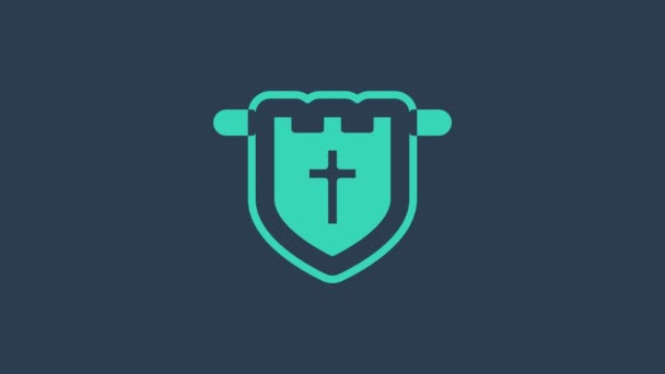 Tyrkysová vlajka s ikonou křesťanského kříže izolované na modrém pozadí. Grafická animace pohybu videa 4K — Stock video