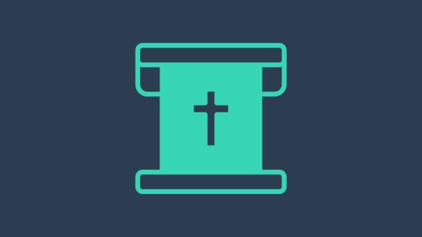 青の背景に隔離されたキリスト教の十字アイコンを持つターコイズフラッグ。4Kビデオモーショングラフィックアニメーション — ストック動画