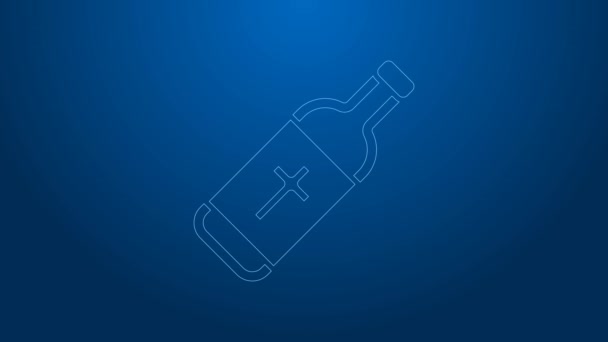 Икона бутылки со святой водой выделена на синем фоне. Стеклянная фляжка с волшебной жидкостью. Видеографическая анимация 4K — стоковое видео